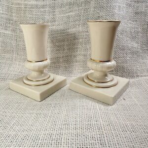 Lenox Ivory Porcelain Candlestick Holders Gold Trim‎ Pair Elegant Taper